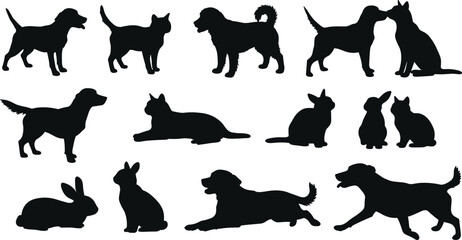Dog, cat, and rabbit silhouettes, black pet icons, animal vector set, domestic animals illustration, white background, pet clipart bundle