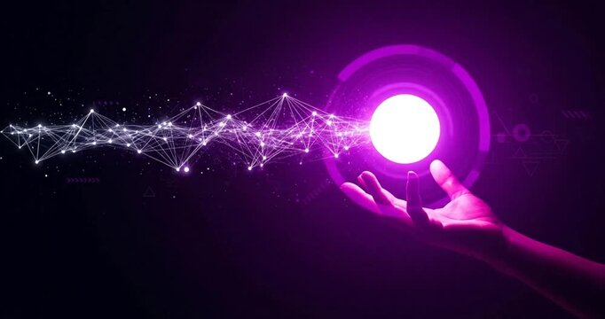 Hand holding glowing purple network energy orb with abstract digital connections image photo