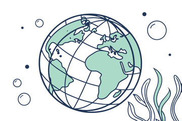Earth with underwater plants and bubbles, ocean concept