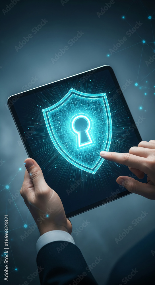Poster tablet displaying glowing shield and keyhole, symbolizing digital security and data protection, idea