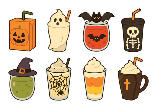 Halloween celebration flat icons set. featuring apple bobbing, trick-or-treat, pumpkin, skeleton costume, witch hat, mask