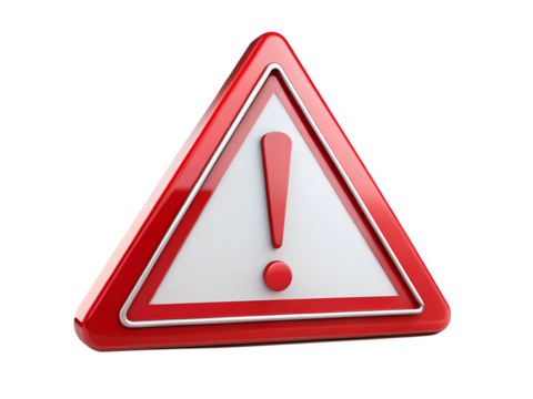A red and white warning triangle with an exclamation mark isolated on transparent background
