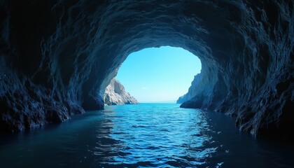 Mysterious cave entrance opens to reveal deep blue sea. Rocky walls frame opening, hinting at hidden depths. Calm water flows towards ocean horizon under bright sky. Adventure and discovery concept.