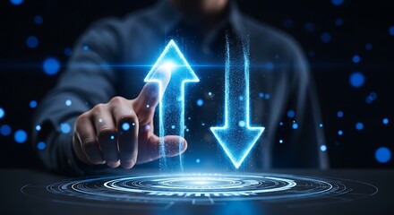 Hand touching glowing blue arrows indicating upload and download data transfer