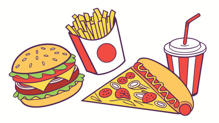Fast food icons vector set with burger, pizza, fries, soda, and hot dog in colourful flat design for restaurant concept