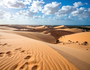 Expansive desert dunes under a vibrant sky
