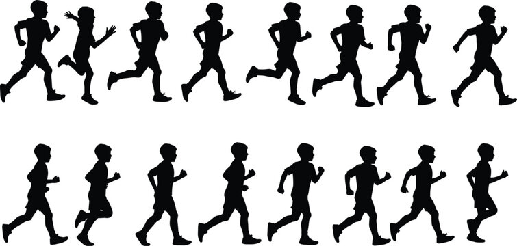 Silhouette of children running in sequence, sports activity illustration, boy jogging silhouette, kids exercise movement, healthy lifestyle concept