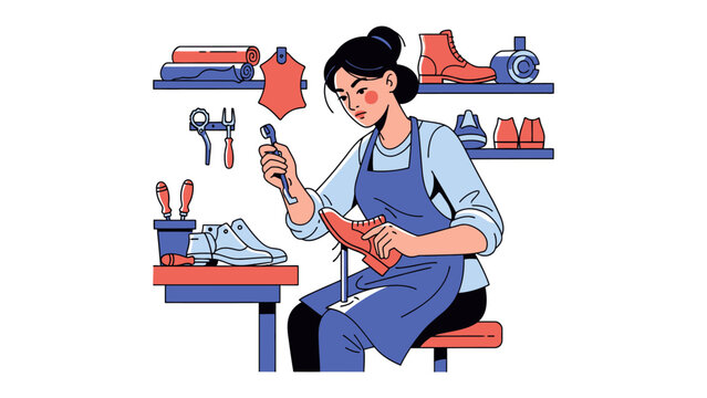 Artisan Crafts Shoe Repair: An artisan delicately repairs a shoe with precision, surrounded by tools and materials within a cozy workshop, embodying skill and craftsmanship.