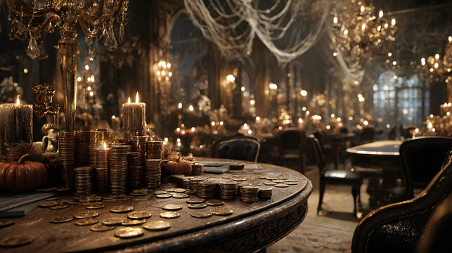 A halloween themed casino with money and poker chips. Generative AI.