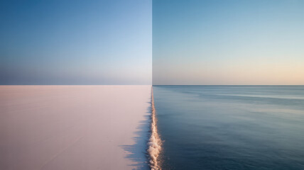 Aerial view showcasing a frozen landscape adjacent to a body of water under a clear sky at dusk