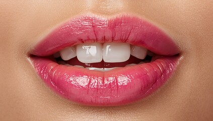 Obraz premium Close-up of a person's mouth with shiny pink lips.