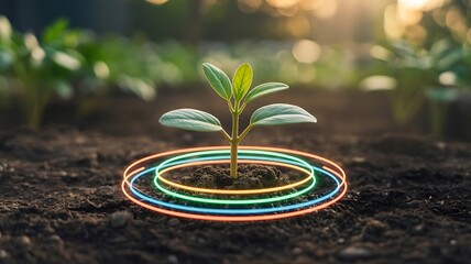 Small Plant Growing in Soil with Glowing Rings Symbolizing Technology, Sustainability, and Food Production