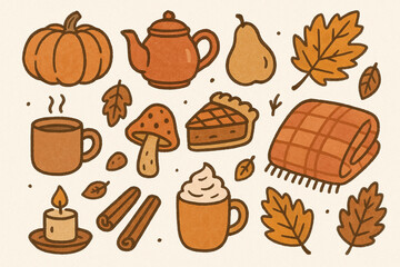 Cozy Autumn Doodle Illustrations with Hand-Drawn Fall Elements and Rustic Aesthetic