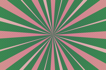 Retro halftone sunburst background. Groovy comic green and pink wallpaper
