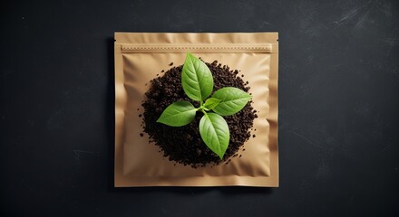 Vibrant green plant sprouting from soil within a craft paper bag, symbolizing growth & sustainability