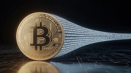 Bitcoin coin transforming into binary code stream cryptocurrency