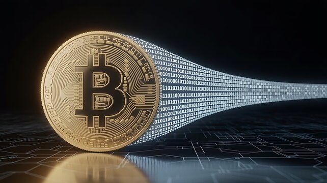 Bitcoin coin transforming into binary code stream cryptocurrency