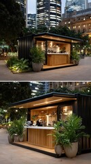 Fototapeta premium Small contemporary home showcases elegant design features, an open-air patio, and lush surroundings, creating a serene evening atmosphere