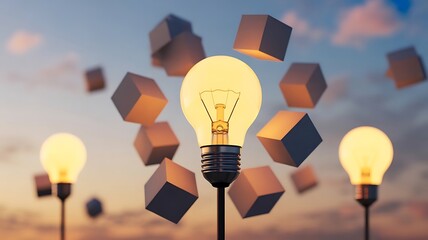  Glowing Light Bulbs with Abstract Geometric Shapes in Twilight Sky