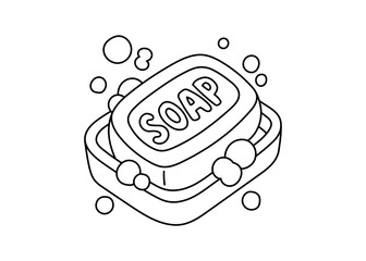 Soap bar in a tray with bubbles, black and white outline. Vector illustration soap, coloring page for kids, hygiene and bathroom theme.