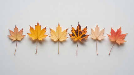 Six maple leaves in varying autumn colors arranged in a row on a plain white background studio shot