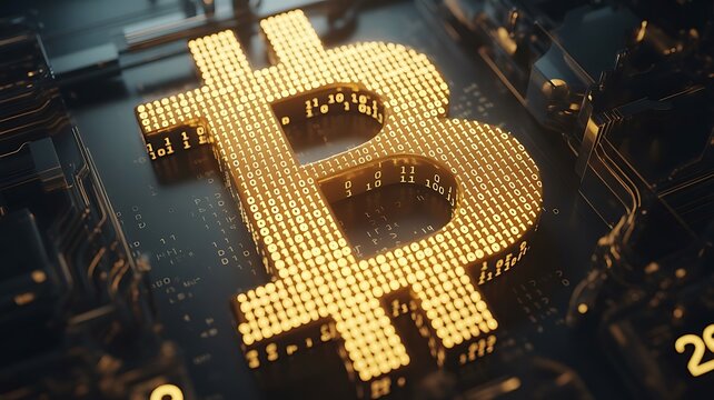 Golden Bitcoin Symbol Made of Binary Code on Circuit Board