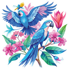 Blue Macaws and Tropical Flowers in Watercolor Style parrot hyacinth macaw