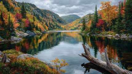 A serene autumn landscape featuring a calm lake reflecting the vibrant colors of the surrounding trees and mountains under a cloudy sky in jacquescartier