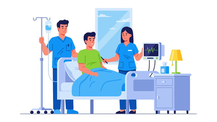 Hospital medical staff takes care of the patient: medical staff attends to a patient lying in a hospital bed, monitoring vitals and providing care. Illustrated in a clean and professional aesthetic.