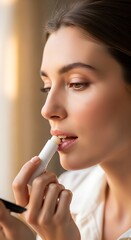 Beautiful Woman Applying Lip Balm for Moisturizing and Protection