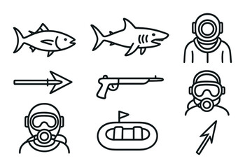 Hiking equipment linear icon set. featuring goat, boot, backpack, map, jacket, axe, rope, and tent symbols