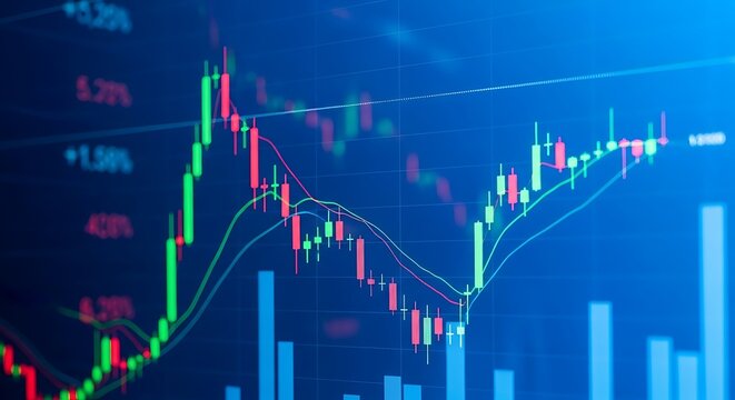 Stock market candlestick chart with financial data and blue background