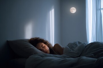Peaceful slumber - Woman sleeping soundly in moonlit bedroom.