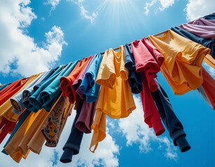 Colorful clothes drying on a clothesline against a bright blue sky with sunshine.