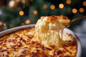 Deliciously baked cheesy pasta dish with golden crust, served in a white ceramic dish, showcasing melted cheese and inviting texture, perfect for festive gatherings