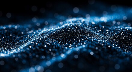 Abstract blue wave of glowing particles on a dark background bokeh effect