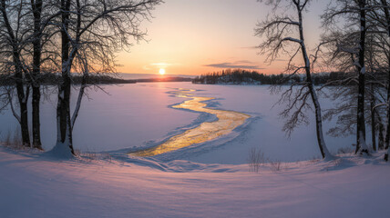 Winter landscape with snow covered lake and trees at sunset with golden light reflecting on the ice