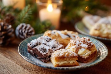 Assorted festive pastries arranged on a decorative plate, dusted with powdered sugar, surrounded by pinecones and candles, creating a warm holiday atmosphere for celebration