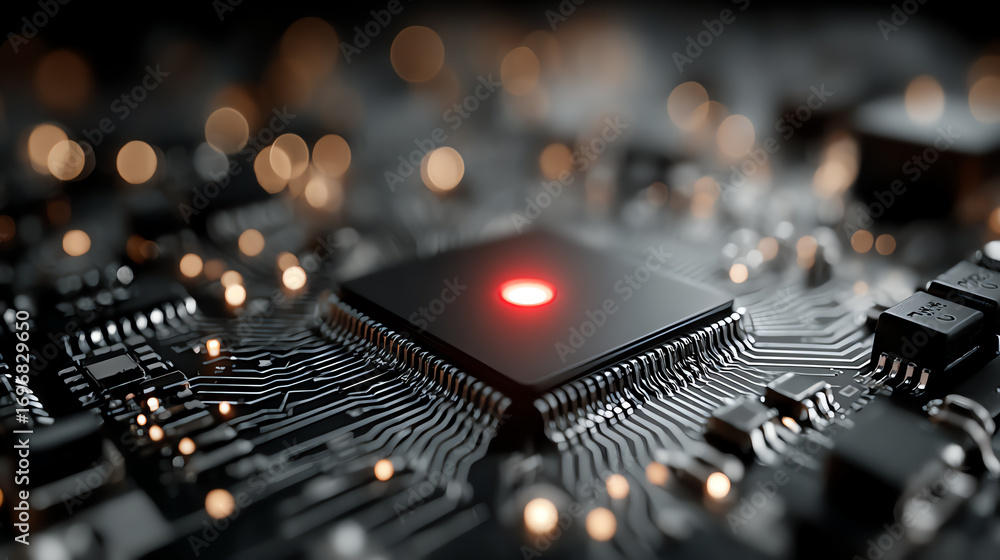 Poster close-up view of a microchip with a glowing red light, showcasing intricate circuitry and modern ele