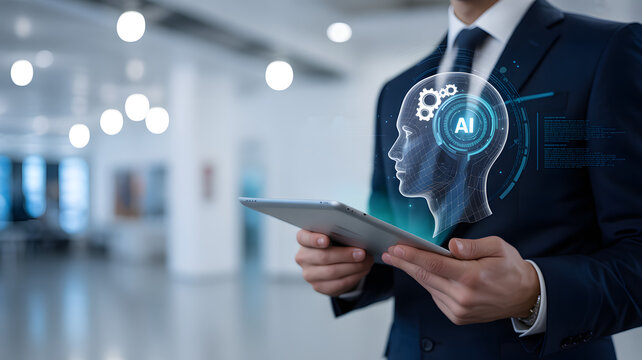 AI-powered Business: A sharply dressed business professional, holding a tablet, is enveloped in an aura of futuristic technology. An overlaid image of a brain, embedded with AI concepts.