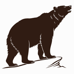 Brown bear silhouette standing on a rock with mouth open against white background grizzly bear