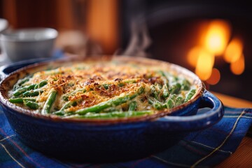 Fototapeta na wymiar Delicious green bean casserole with crispy topping served in a blue dish, steaming hot, placed on a cozy table near a warm fireplace, inviting comfort food experience