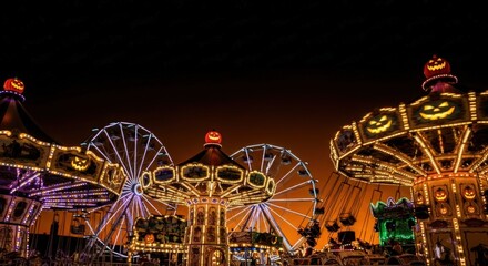 Thrilling Halloween carnival rides glow at night with jack-o'-lanterns and starry sky