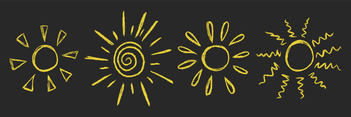 Kids crayon textured hand drawing sun icon set. Chalk grunge texture doodle yellow outline naive sun. Collection freehand childish pencil scribble sunlight. Baby elements. Vector illustration isolated