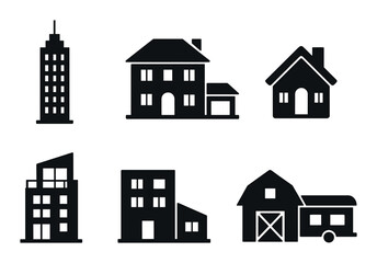 Fototapeta premium Building silhouette icon set. featuring skyscraper, house, villa, cottage, modern apartment, farmhouse.