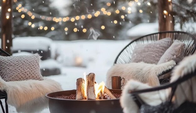 Cozy winter cafe outdoor with fire pit, fur covered chairs. Snowy background, string lights create inviting retreat