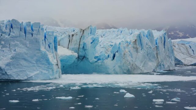 Large blocks of ice crashing from perito moreno glacier, sending up clouds of ice dust and creating small icebergs drifting on the surface of the lake in patagonia, argentina