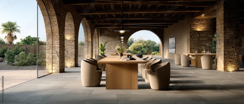 Poster stylish dining space showcases a round table surrounded by red sofas, highlighted by natural light a