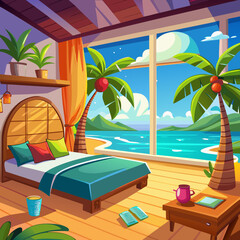 Obraz premium Vibrant cartoon oceanfront bedroom with tropical palm trees and sea view