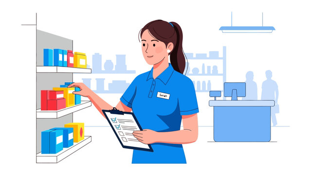 Store Clerk Inspects Inventory: A meticulous store clerk conducts inventory checks, inspecting shelves, stock levels, and maintaining order in a well-organized retail environment.